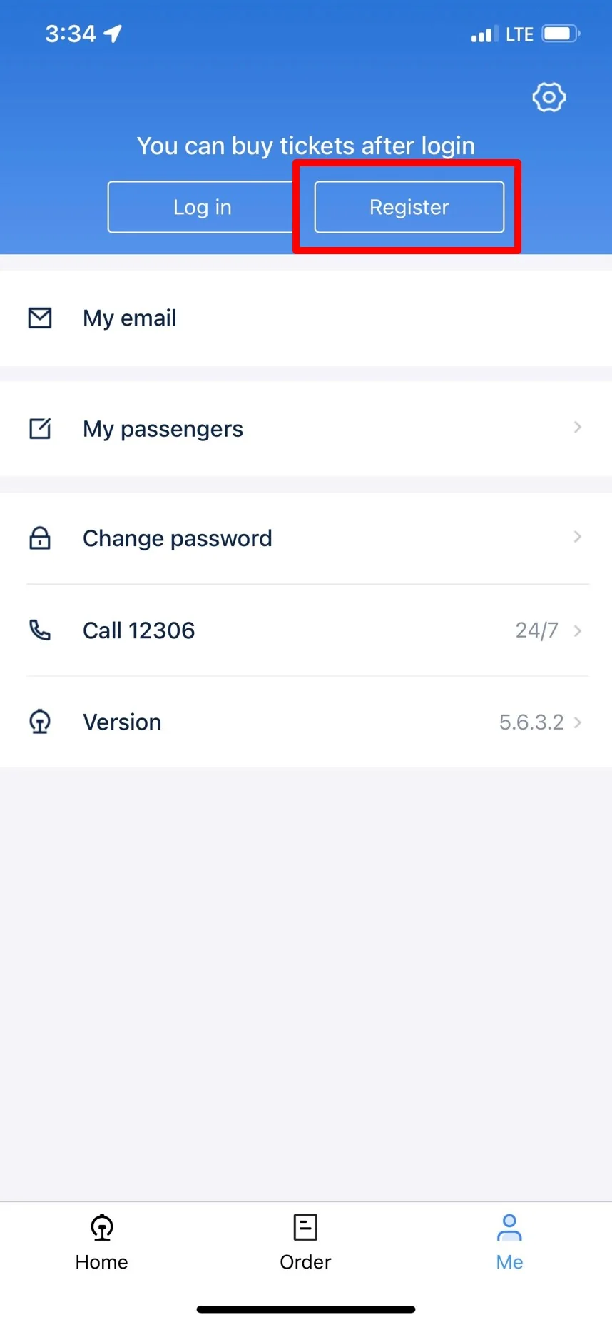 Tap Register in the 12306 English app before buying train tickets 12306 English app Register button