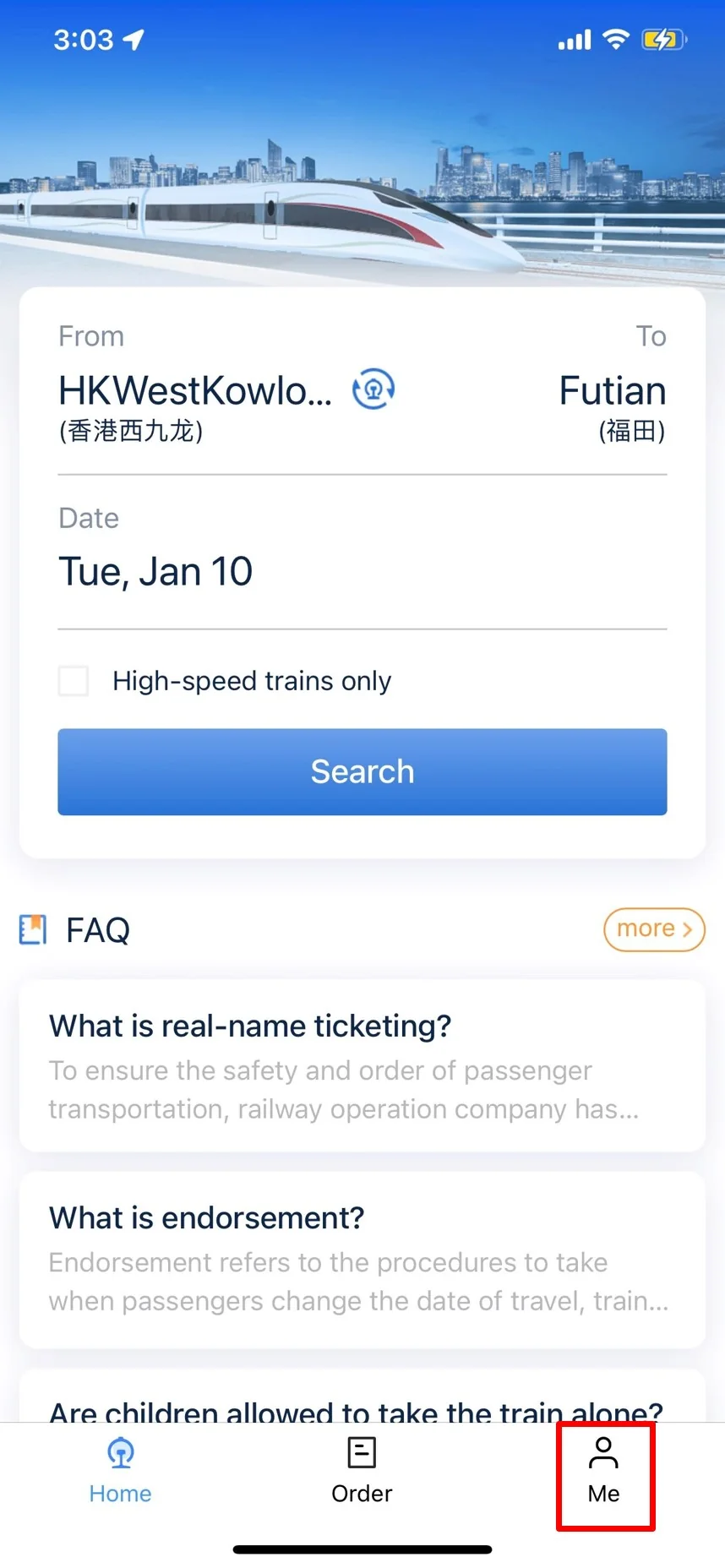 12306 English home screen with high-speed train search and FAQ cards 12306 English home screen for high-speed train ticket search