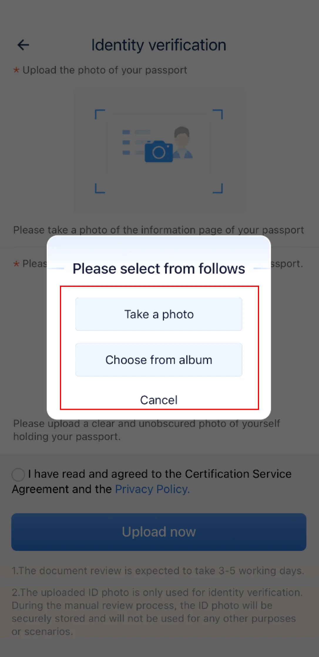 Choose camera or album when uploading passport photos for 12306 identity verification 12306 choose camera or album for passport upload