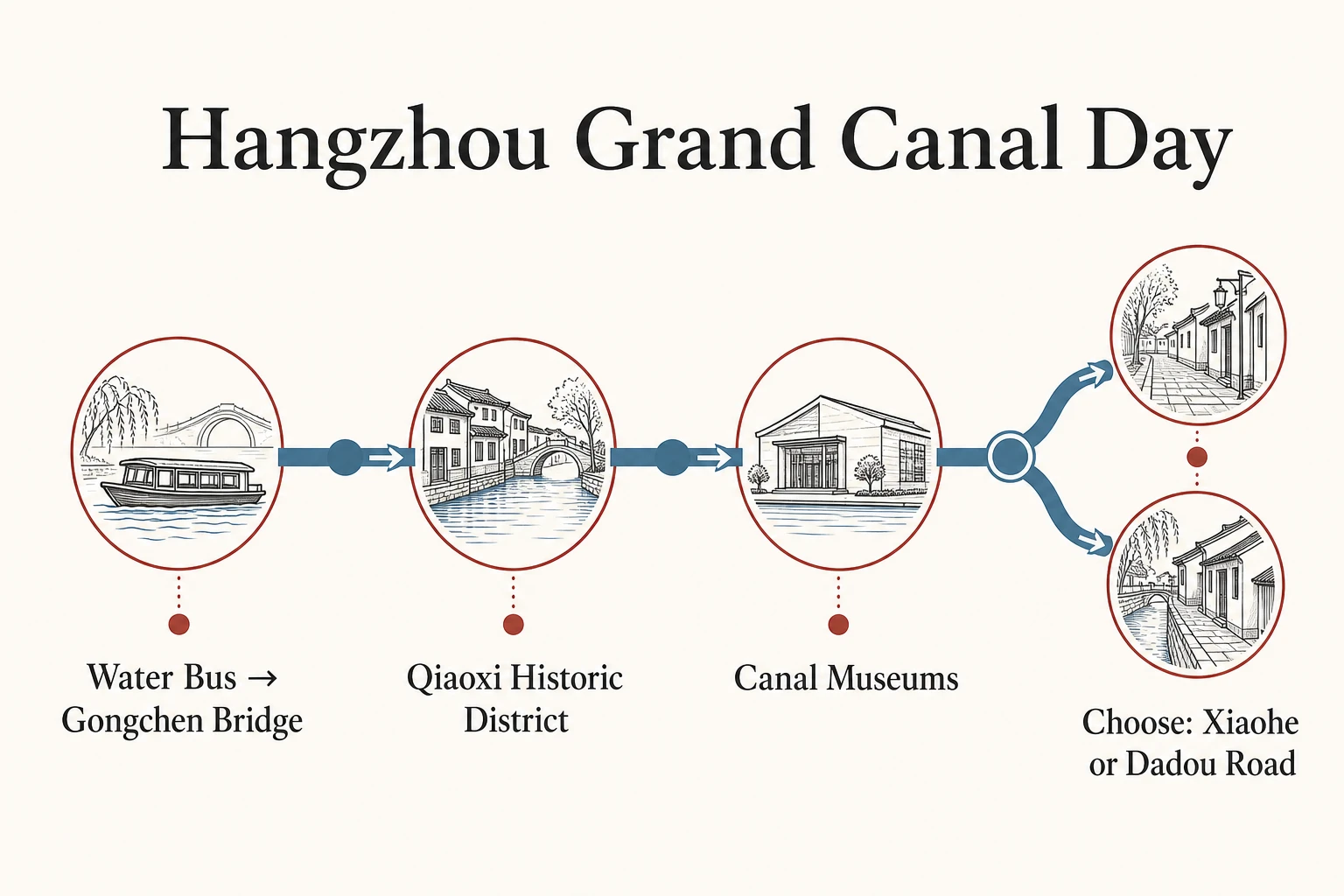 Hangzhou Grand Canal day route from the water bus to historic districts