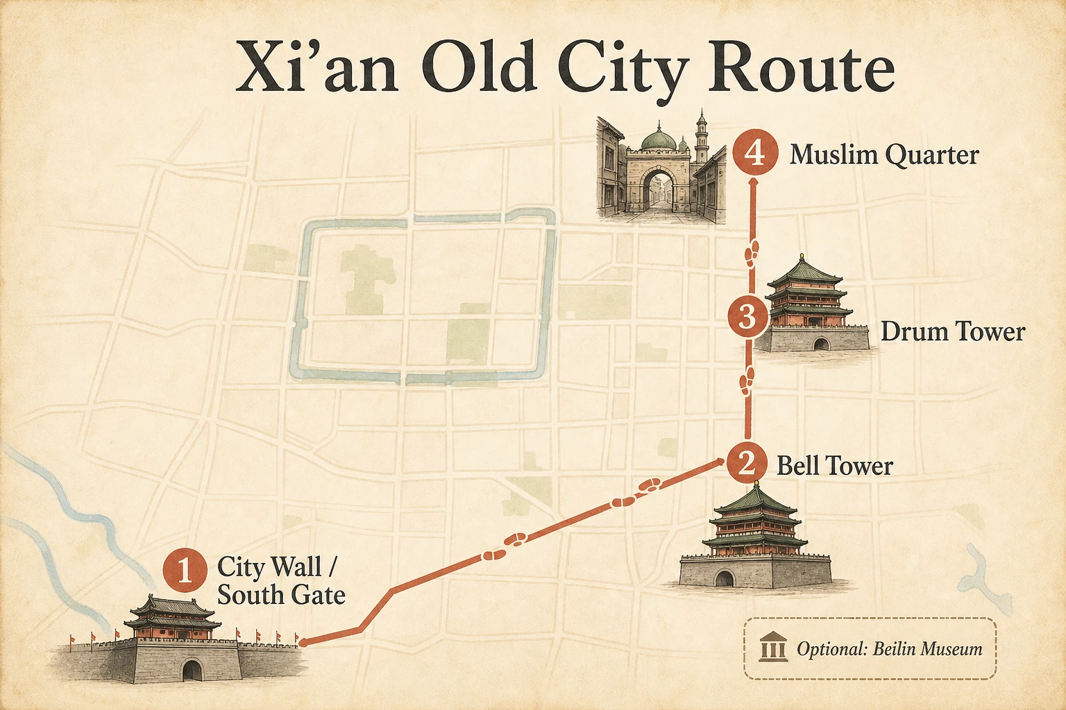 Xi'an Old City walking route from South Gate to the Muslim Quarter